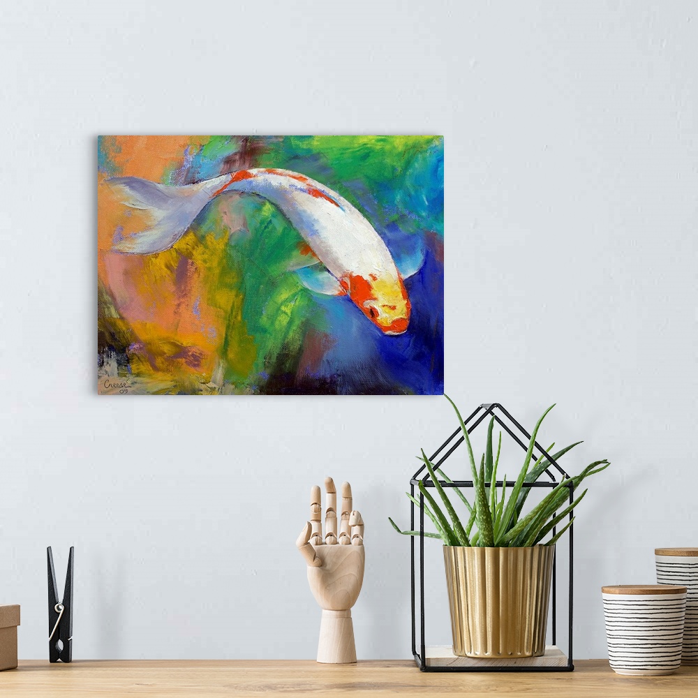 A bohemian room featuring Oil painting of a large fish on a colorful abstracted background.