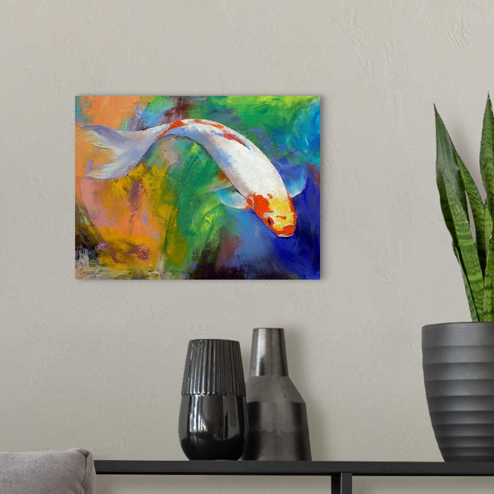 A modern room featuring Oil painting of a large fish on a colorful abstracted background.