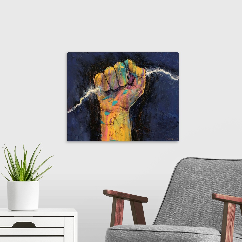 A modern room featuring A contemporary painting of a hand holding a lightning bolt.