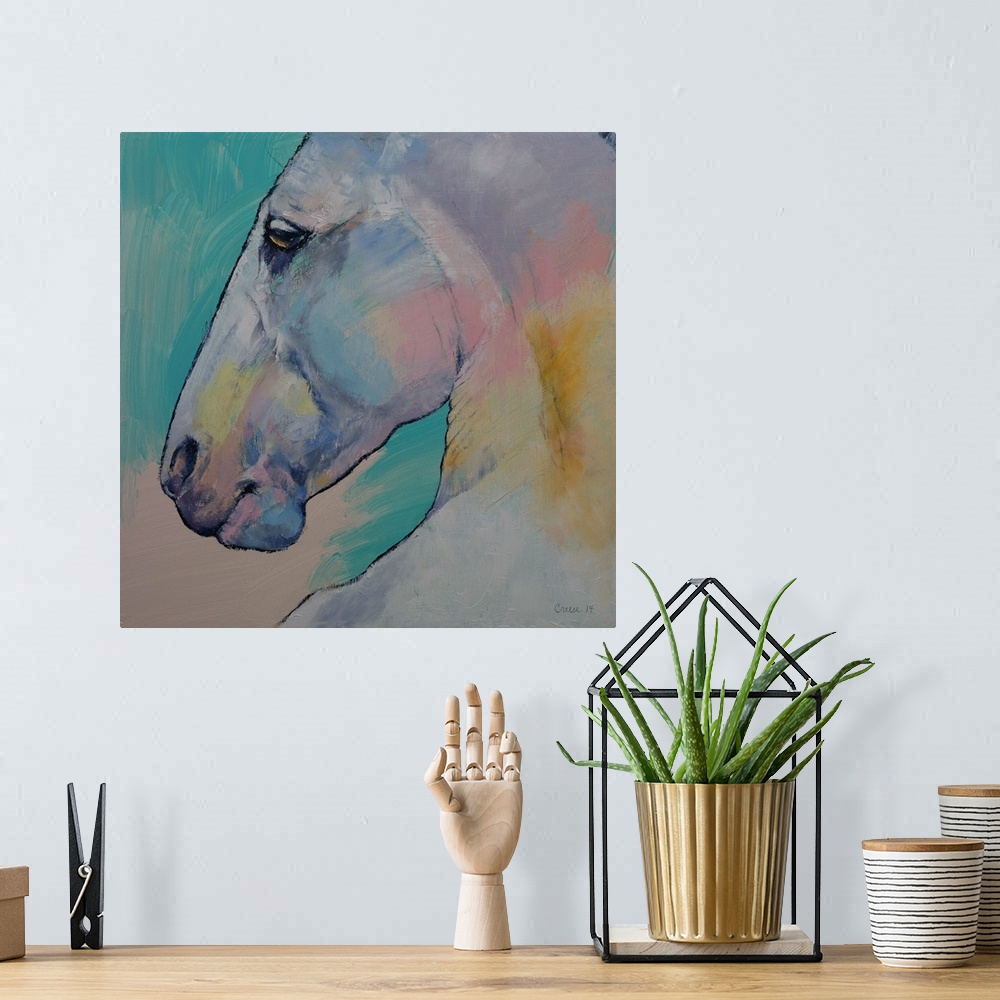 A bohemian room featuring A contemporary painting of a multi-colored horse in profile.