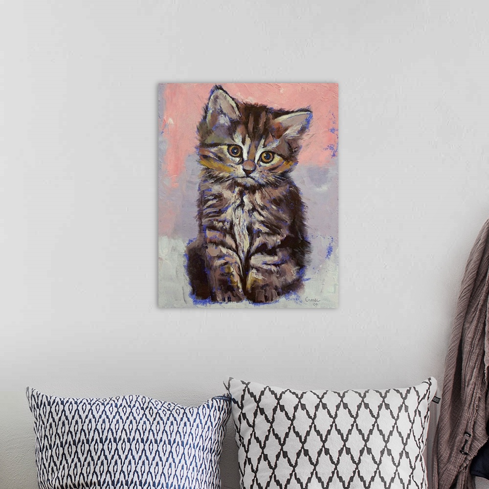 A bohemian room featuring A small kitten is painted with highlights of blue around it against a soft background.