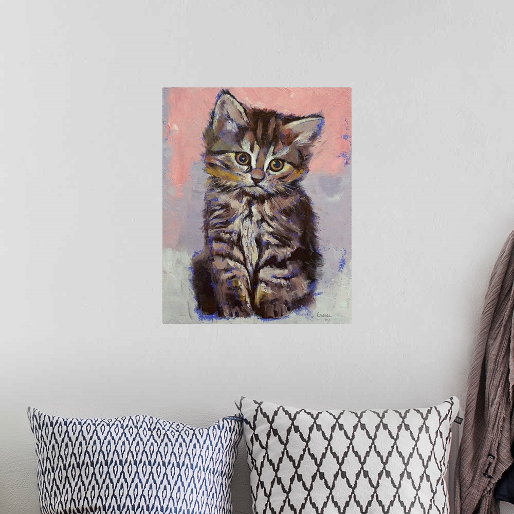 A bohemian room featuring A small kitten is painted with highlights of blue around it against a soft background.