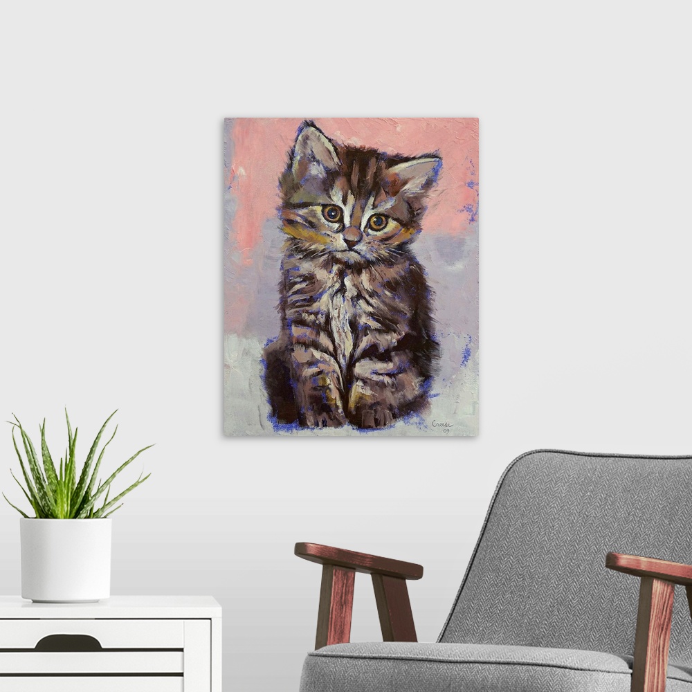 A modern room featuring A small kitten is painted with highlights of blue around it against a soft background.