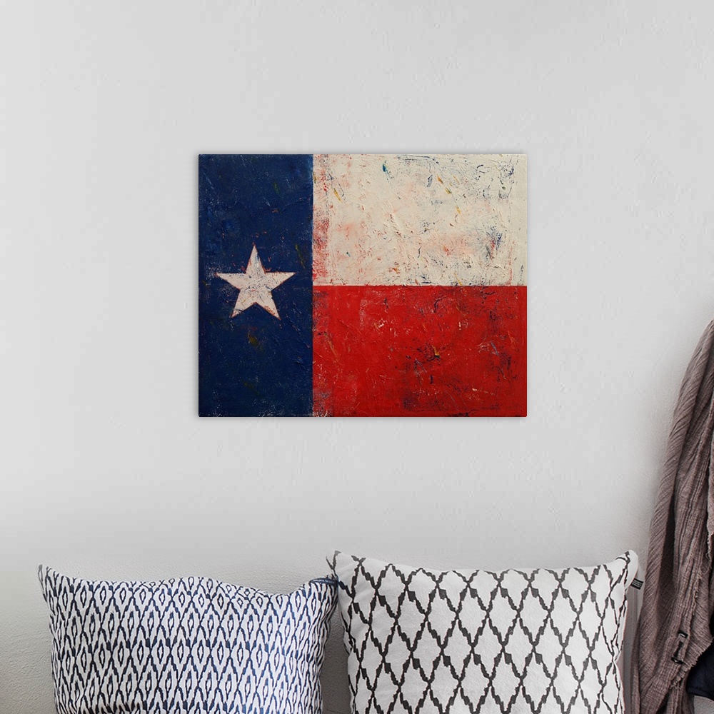 A bohemian room featuring A contemporary painting of the Texan flag.