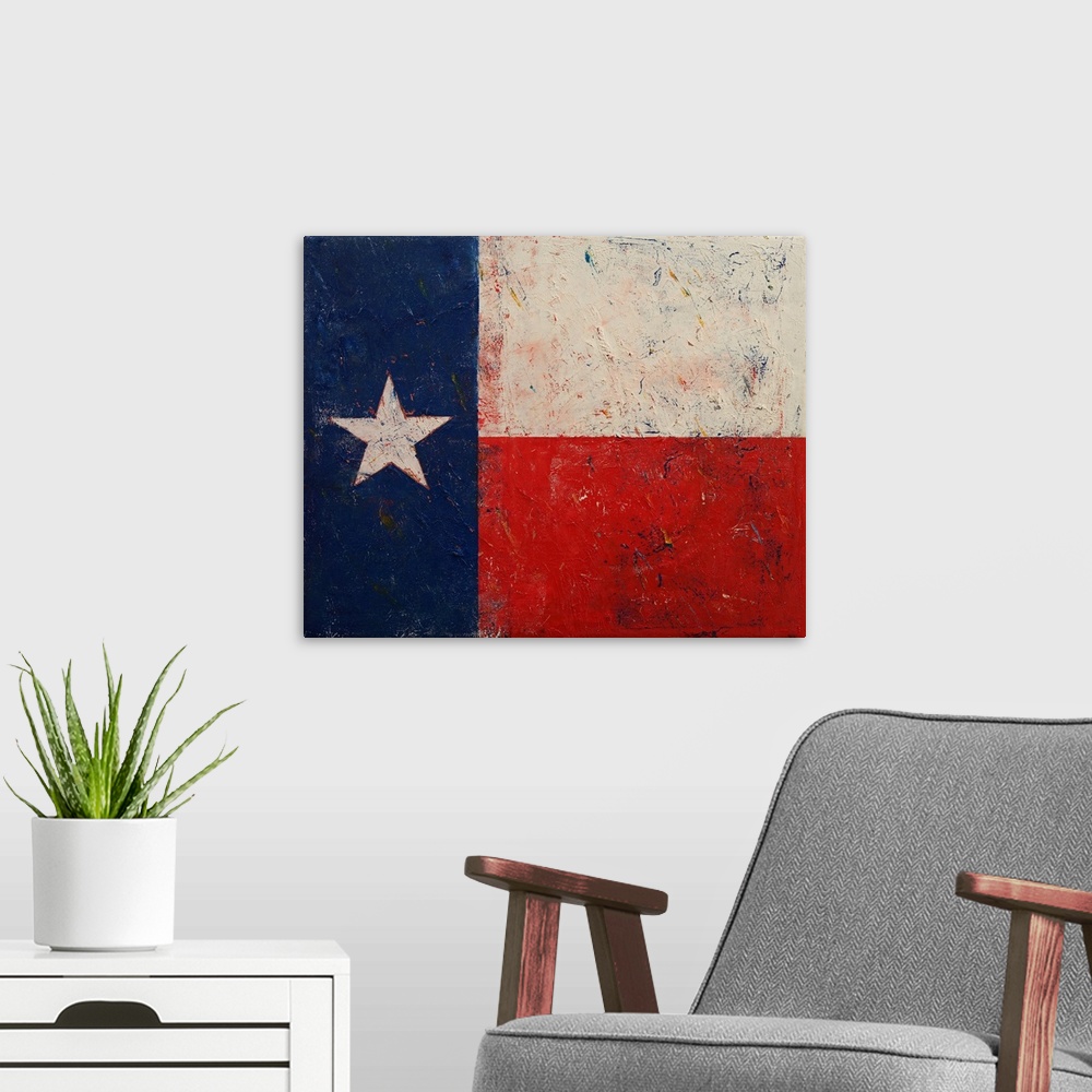 A modern room featuring A contemporary painting of the Texan flag.