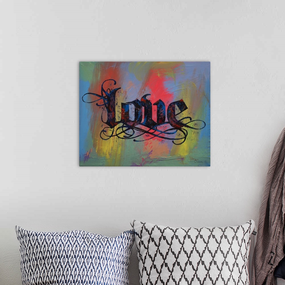 A bohemian room featuring Love - Calligraphy