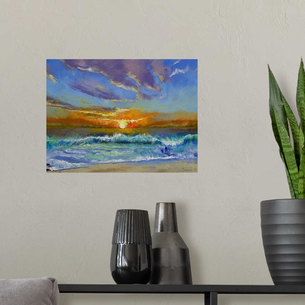 A modern room featuring Reproduction of an original oil painting; the sun sinks towards the horizon as waves lap the shor...