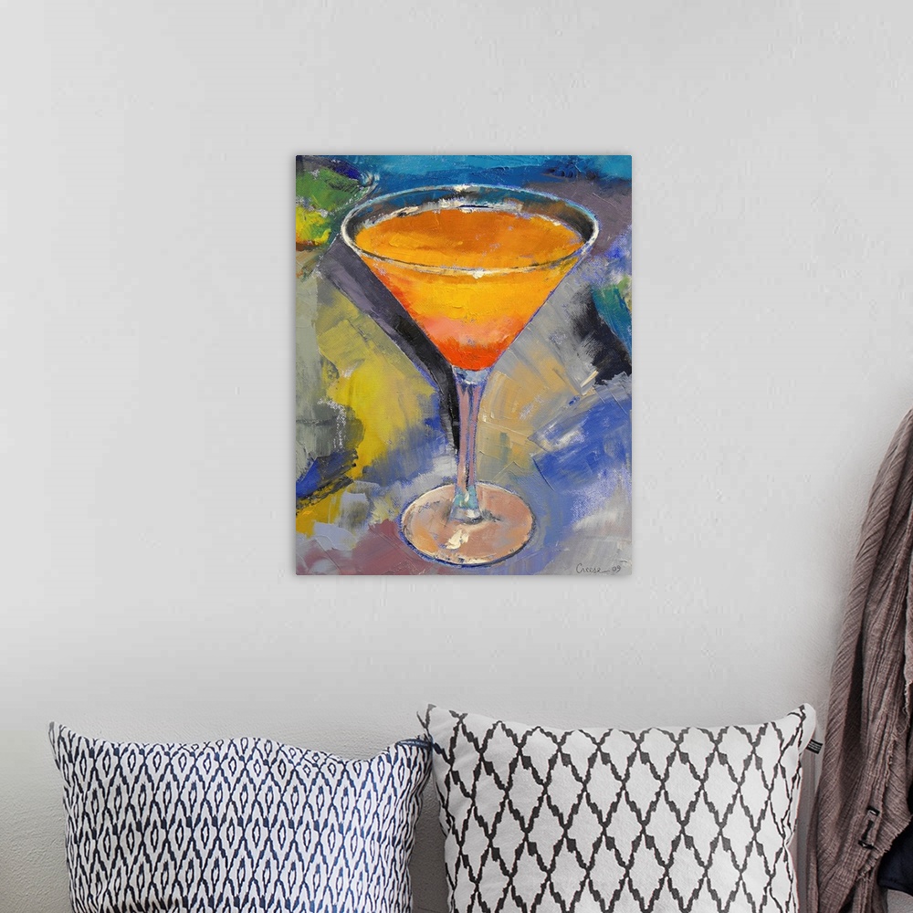 A bohemian room featuring Vertical, large contemporary painting of a vibrant mango martini in a glass, on a multicolored ba...