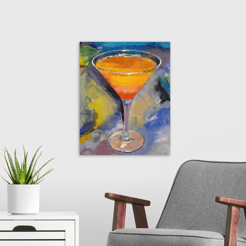 A modern room featuring Vertical, large contemporary painting of a vibrant mango martini in a glass, on a multicolored ba...