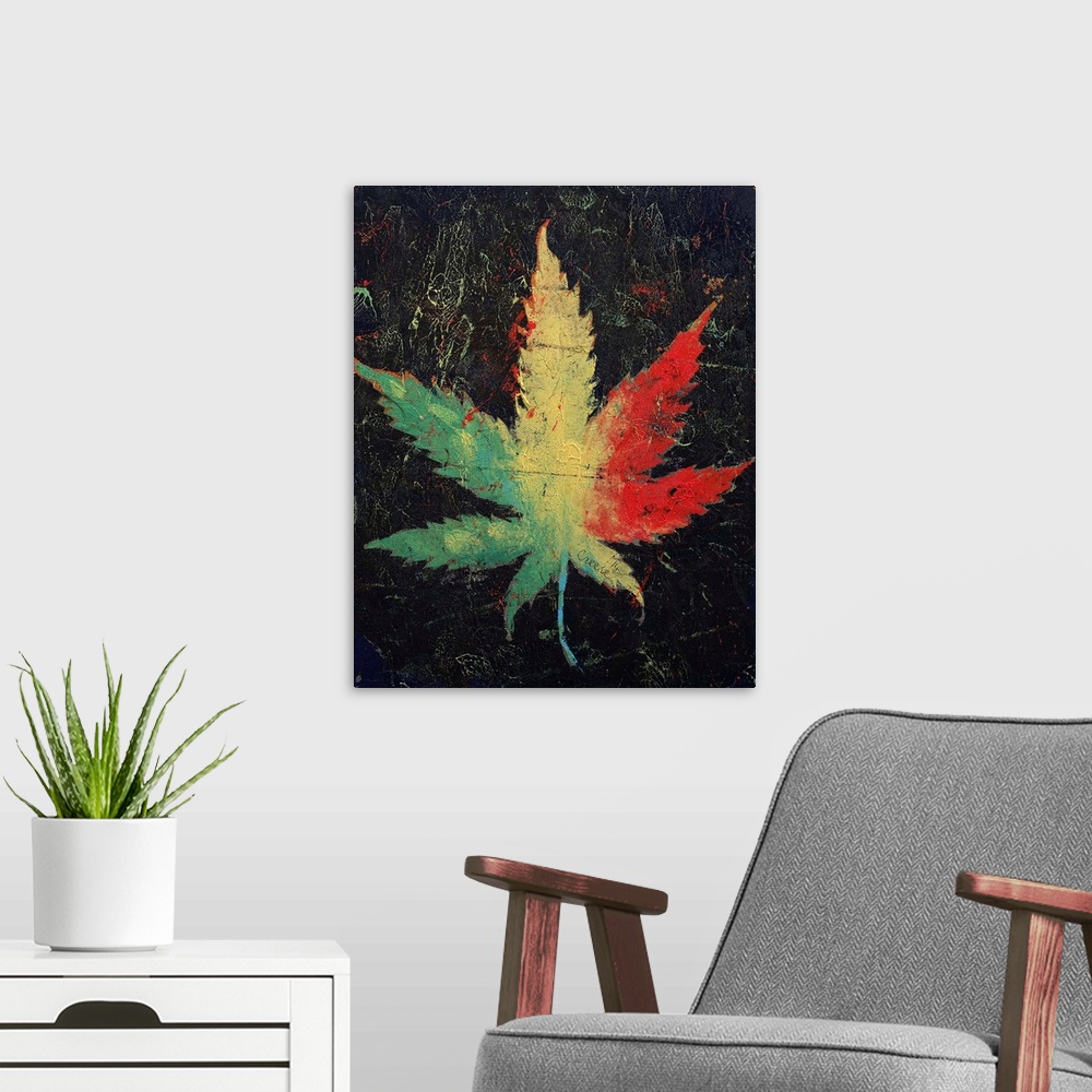A modern room featuring A contemporary painting of a Rasta colored plant leaf.