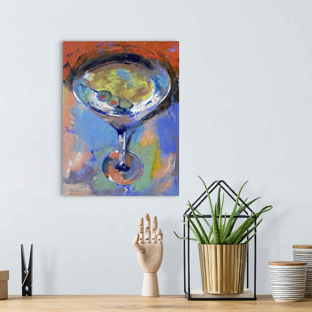 A bohemian room featuring An oil painting on canvas of a martini glass with three olives in it. Numerous colors and brushst...