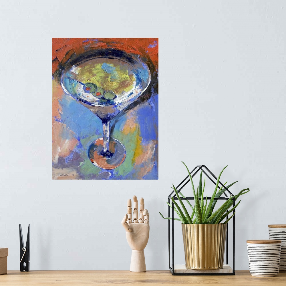 A bohemian room featuring An oil painting on canvas of a martini glass with three olives in it. Numerous colors and brushst...