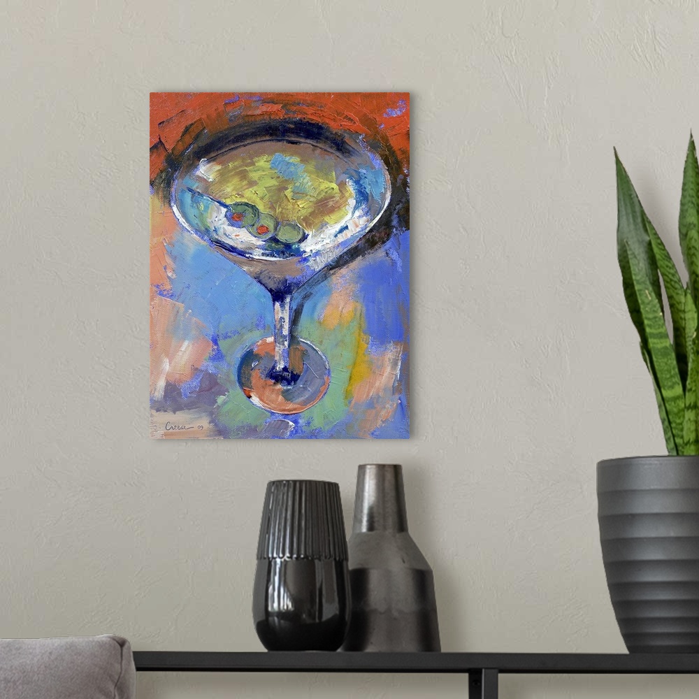 A modern room featuring An oil painting on canvas of a martini glass with three olives in it. Numerous colors and brushst...