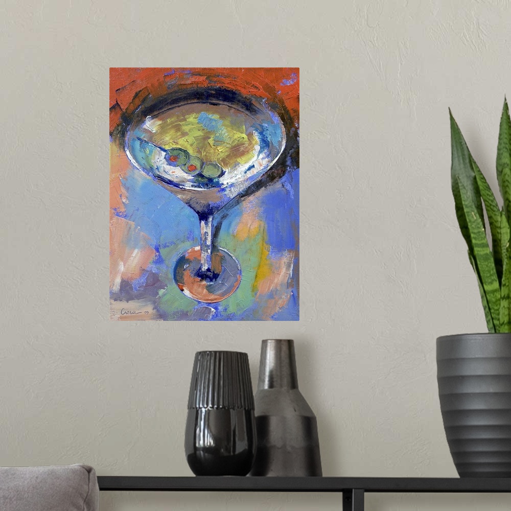 A modern room featuring An oil painting on canvas of a martini glass with three olives in it. Numerous colors and brushst...