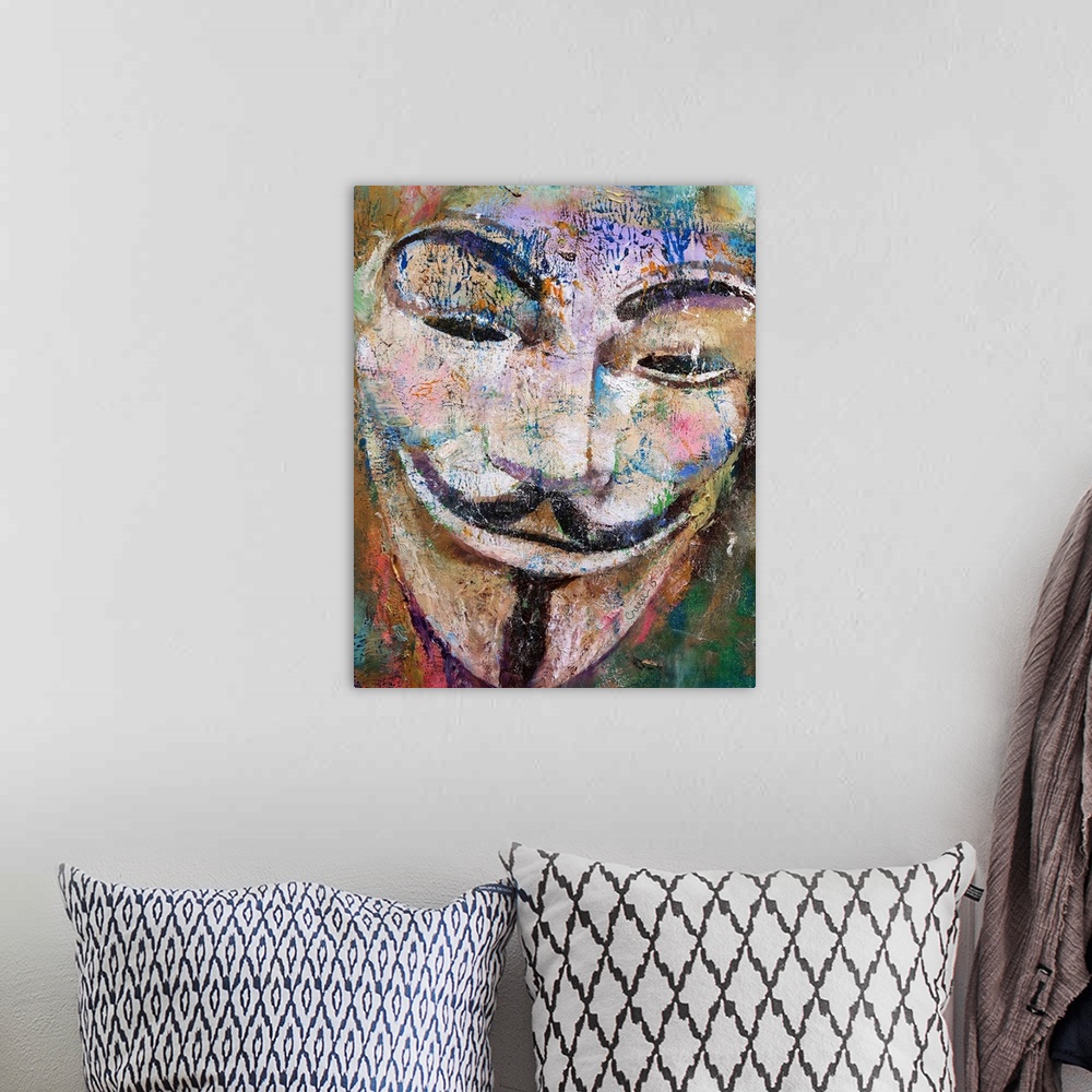 A bohemian room featuring A contemporary painting of a Guy Fawkes mask.