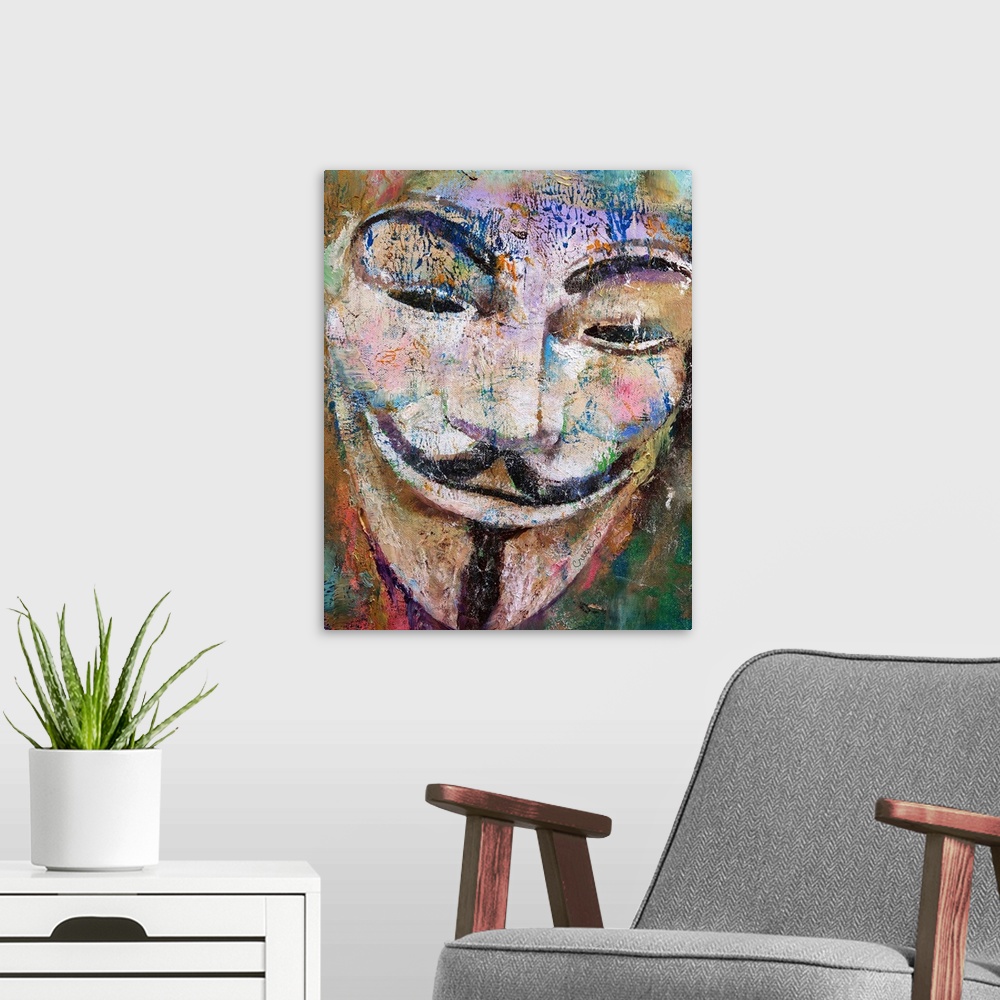 A modern room featuring A contemporary painting of a Guy Fawkes mask.