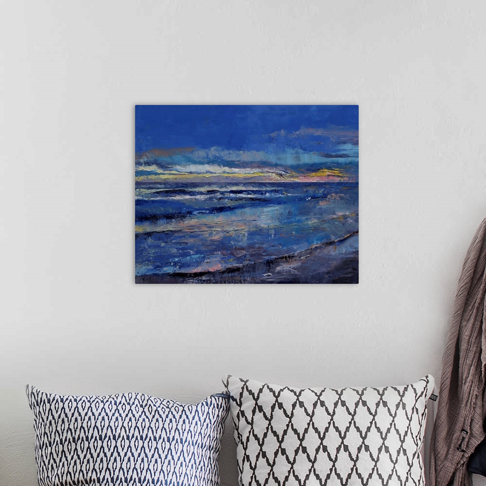 A bohemian room featuring A contemporary artwork piece of a painted ocean with waves and a cloudy blue sky above.