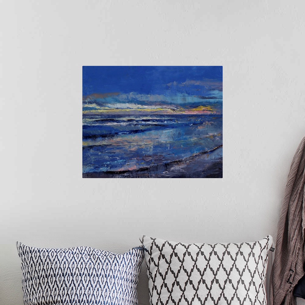 A bohemian room featuring A contemporary artwork piece of a painted ocean with waves and a cloudy blue sky above.