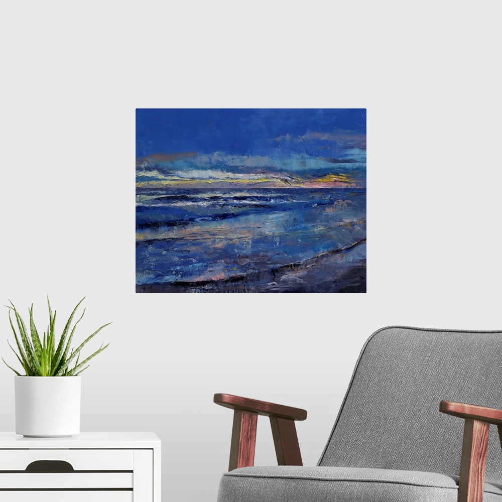 A modern room featuring A contemporary artwork piece of a painted ocean with waves and a cloudy blue sky above.
