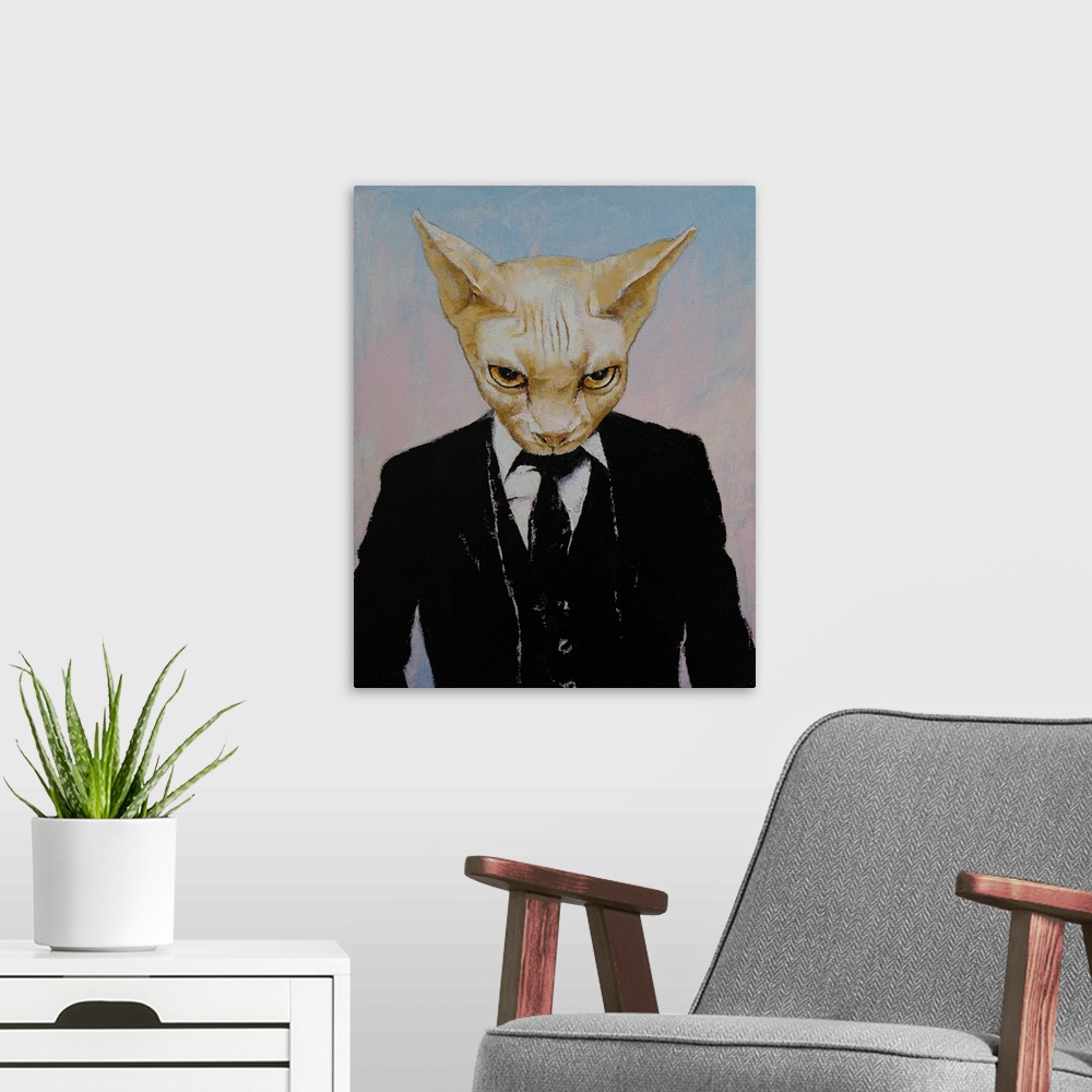 A modern room featuring A contemporary painting of a sphinx cat wearing a black three piece suit.