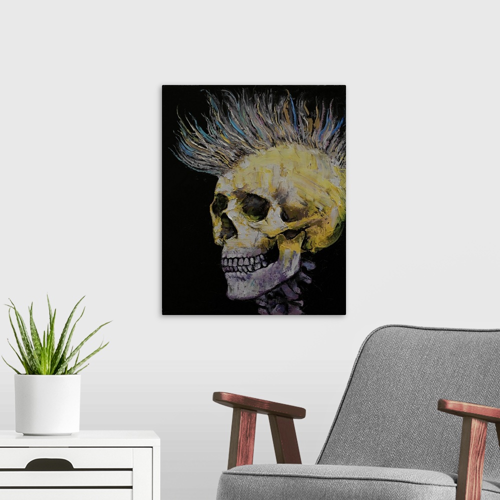 A modern room featuring A contemporary painting of a human skull with a big spiky Mohawk.