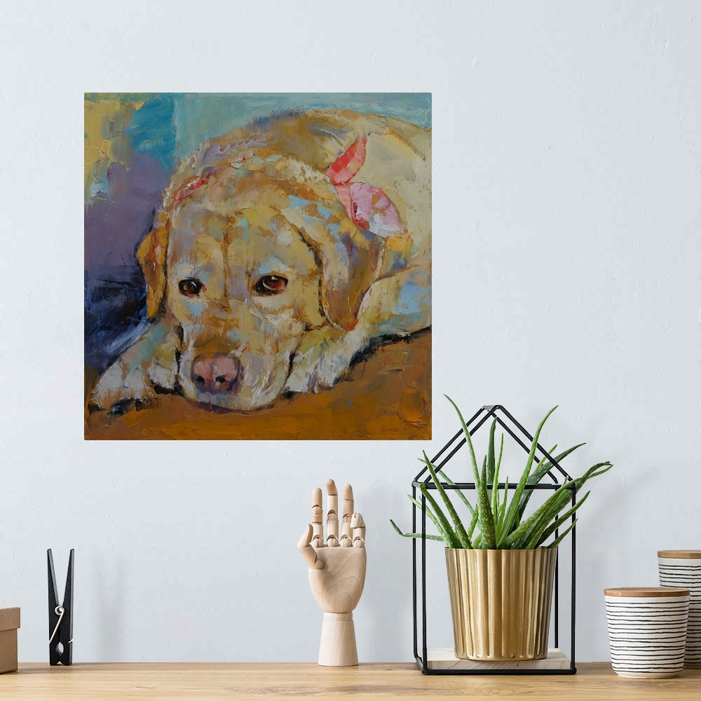 A bohemian room featuring A contemporary painting of a portrait of a golden retriever.