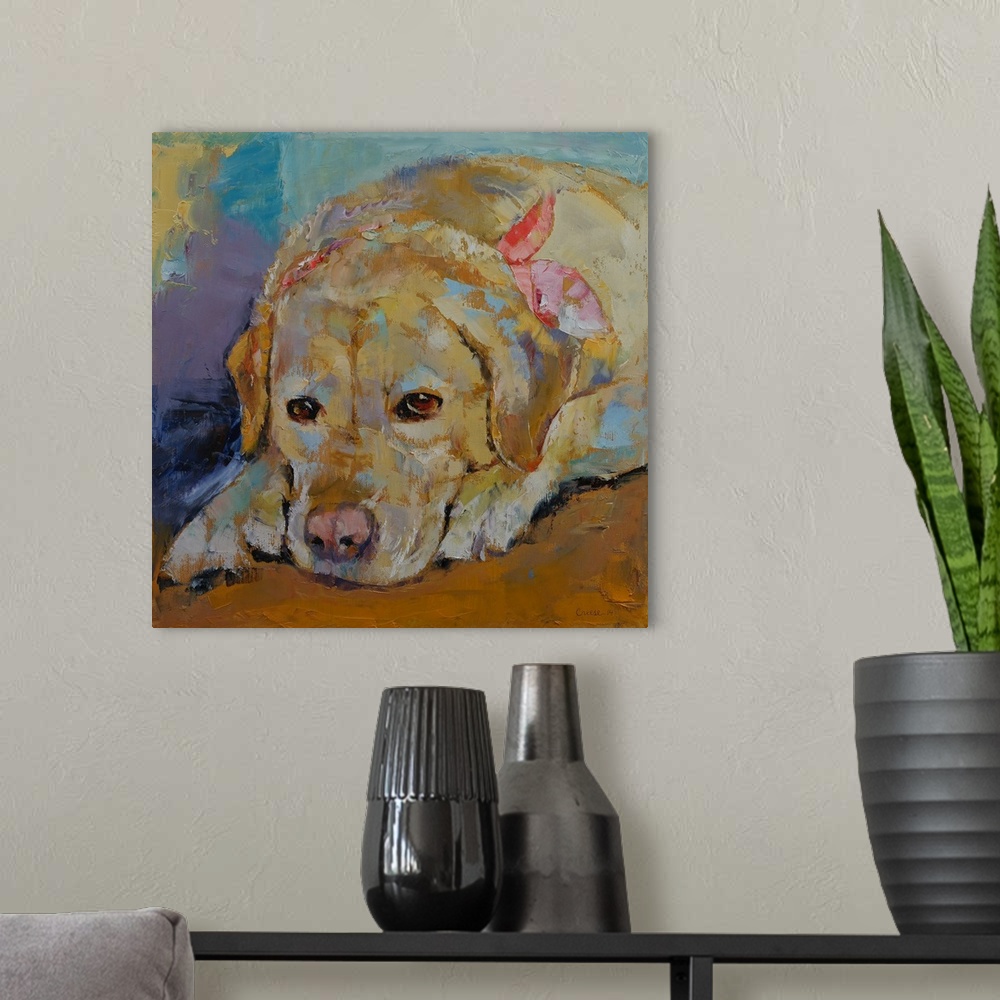 A modern room featuring A contemporary painting of a portrait of a golden retriever.