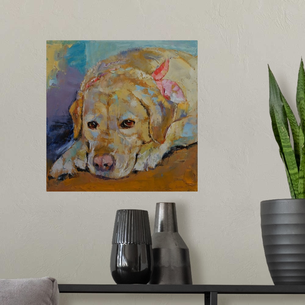 A modern room featuring A contemporary painting of a portrait of a golden retriever.