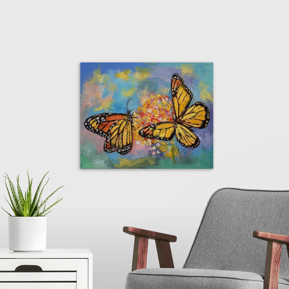 A modern room featuring Monarch Butterflies