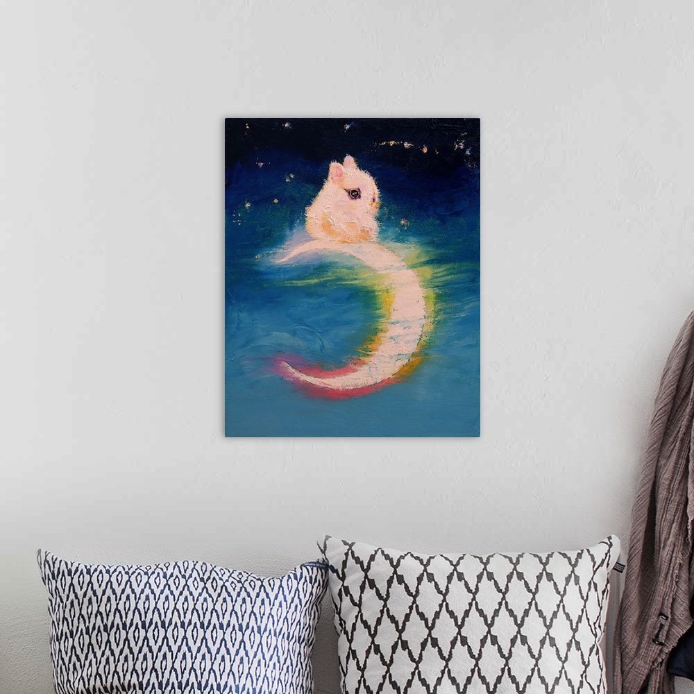 A bohemian room featuring A contemporary painting of a tiny white bunny sitting on top of a crescent moon.