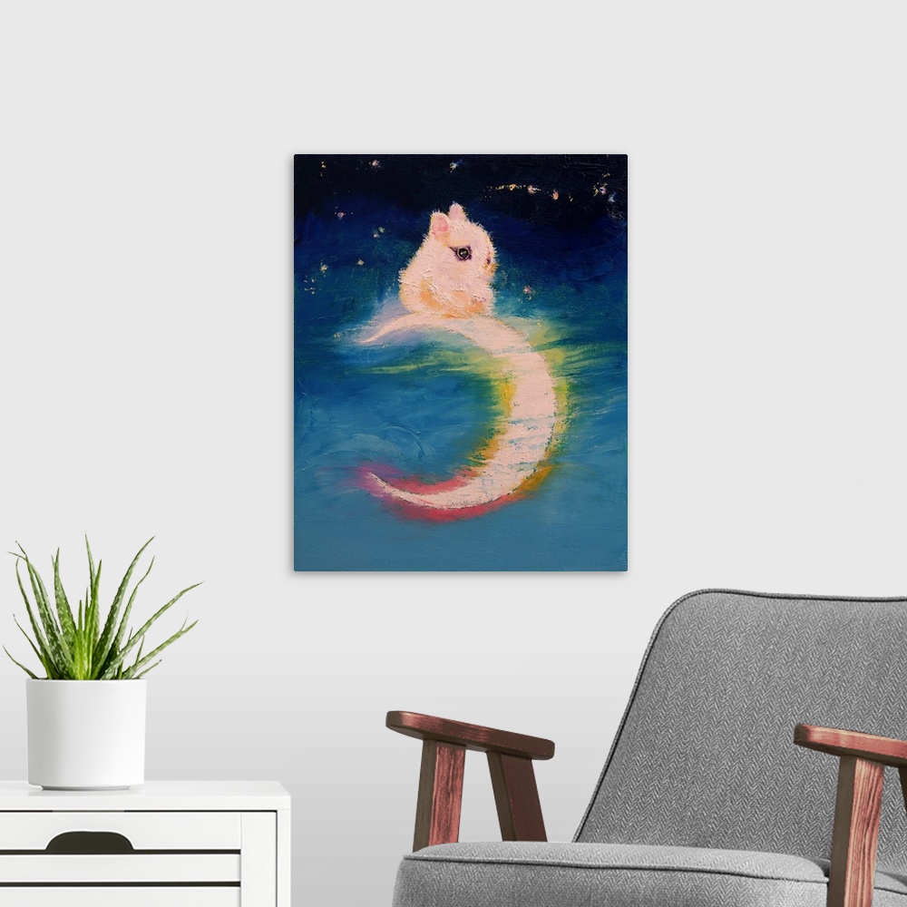 A modern room featuring A contemporary painting of a tiny white bunny sitting on top of a crescent moon.