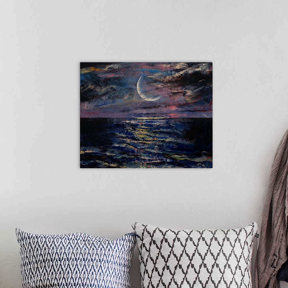 A bohemian room featuring A contemporary painting of a crescent moon above a sea.