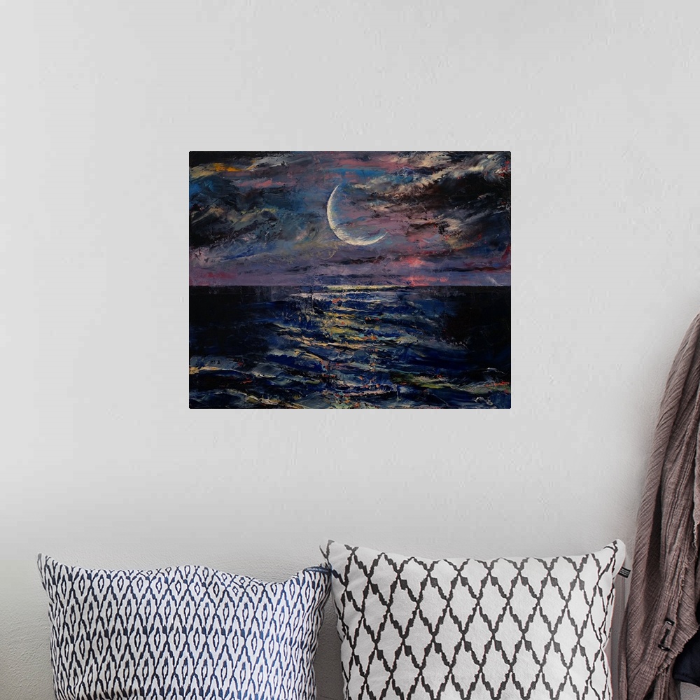 A bohemian room featuring A contemporary painting of a crescent moon above a sea.