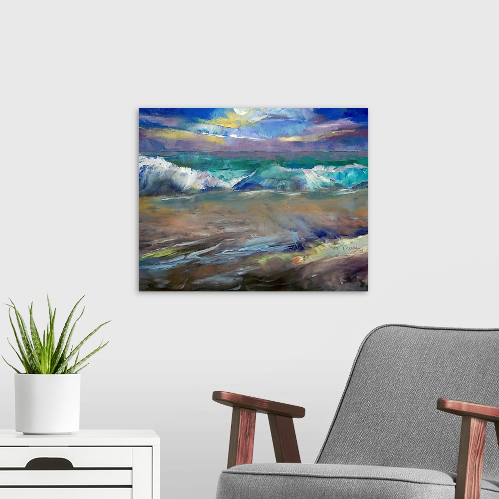 A modern room featuring Gicloe print on canvas of a dramatic seascape under the moon of waves on a beach painted using a ...