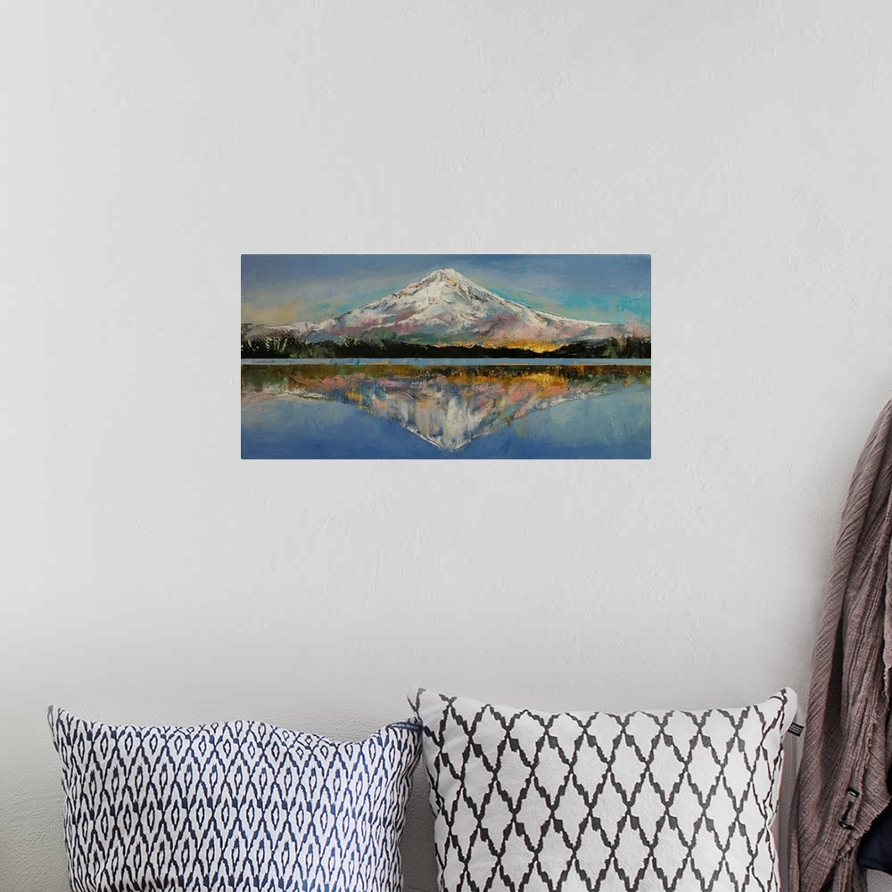 A bohemian room featuring A contemporary painting of Mount Hood reflecting in the lake below it.