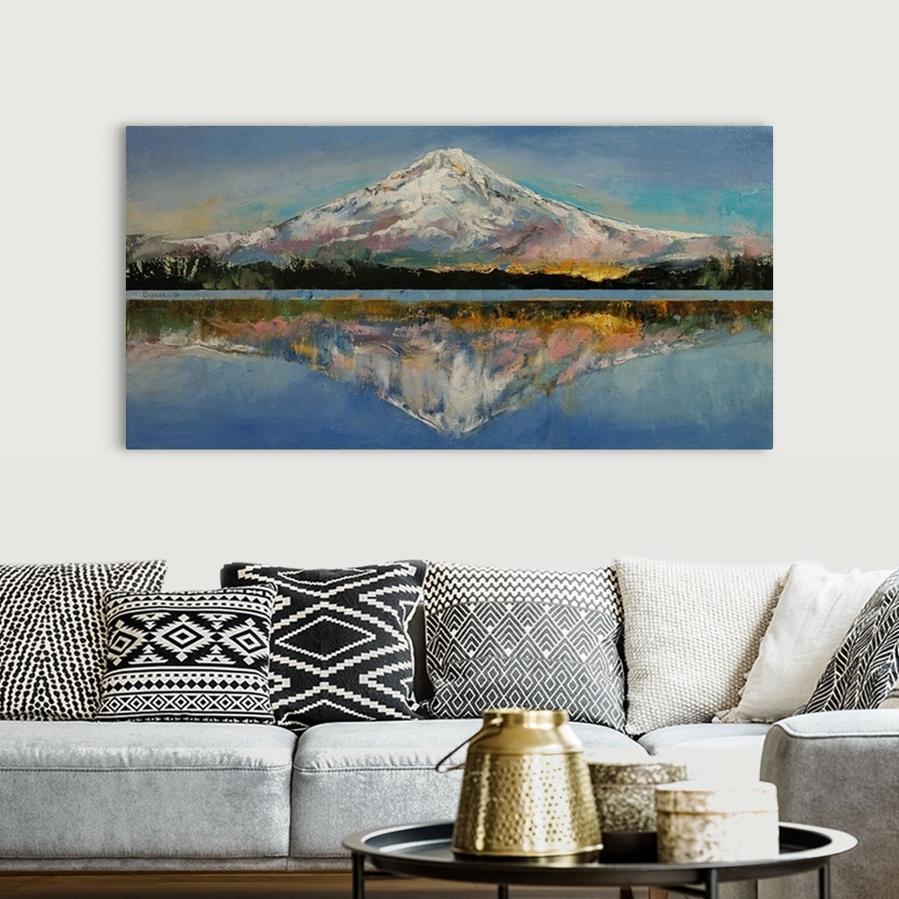 A bohemian room featuring A contemporary painting of Mount Hood reflecting in the lake below it.