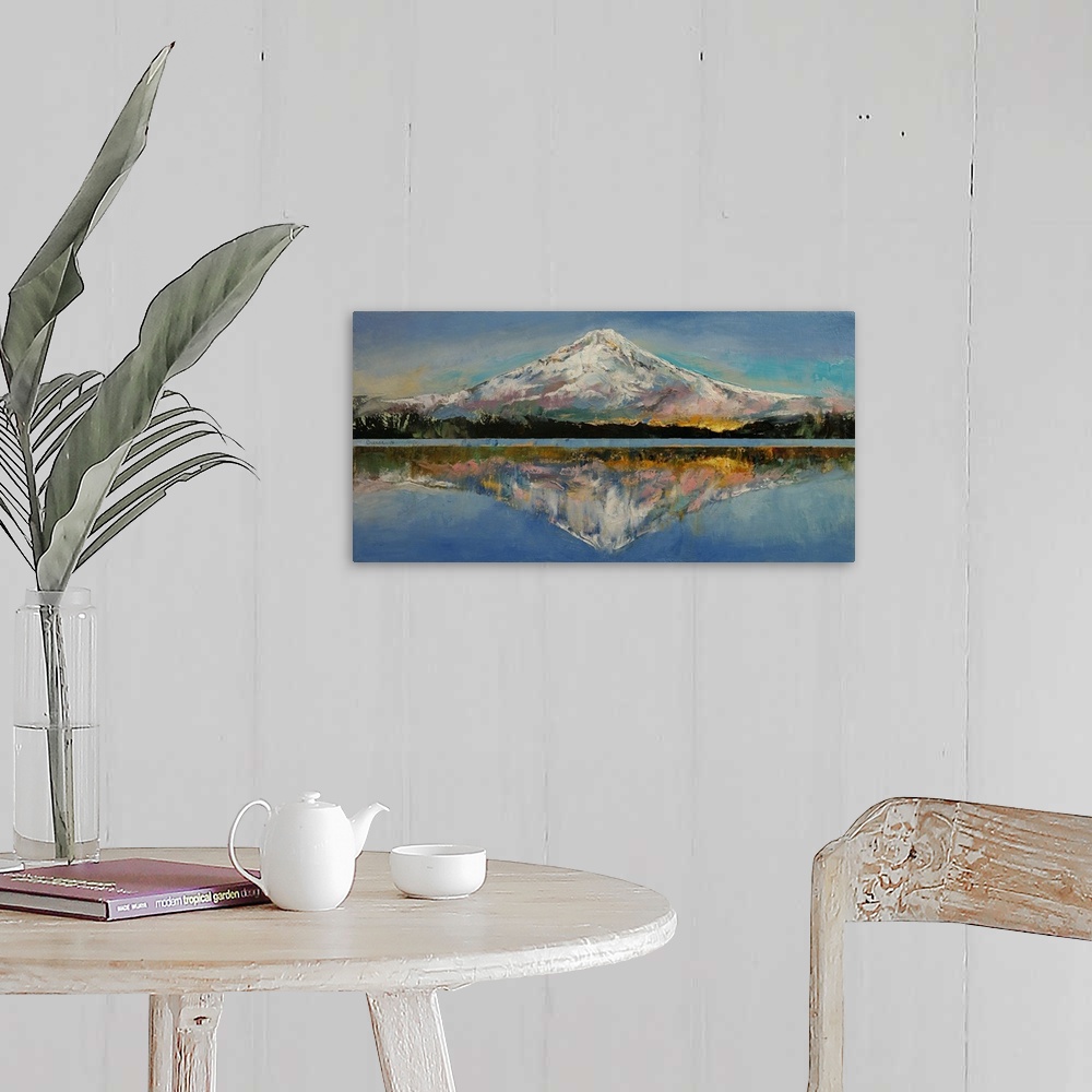 A farmhouse room featuring A contemporary painting of Mount Hood reflecting in the lake below it.