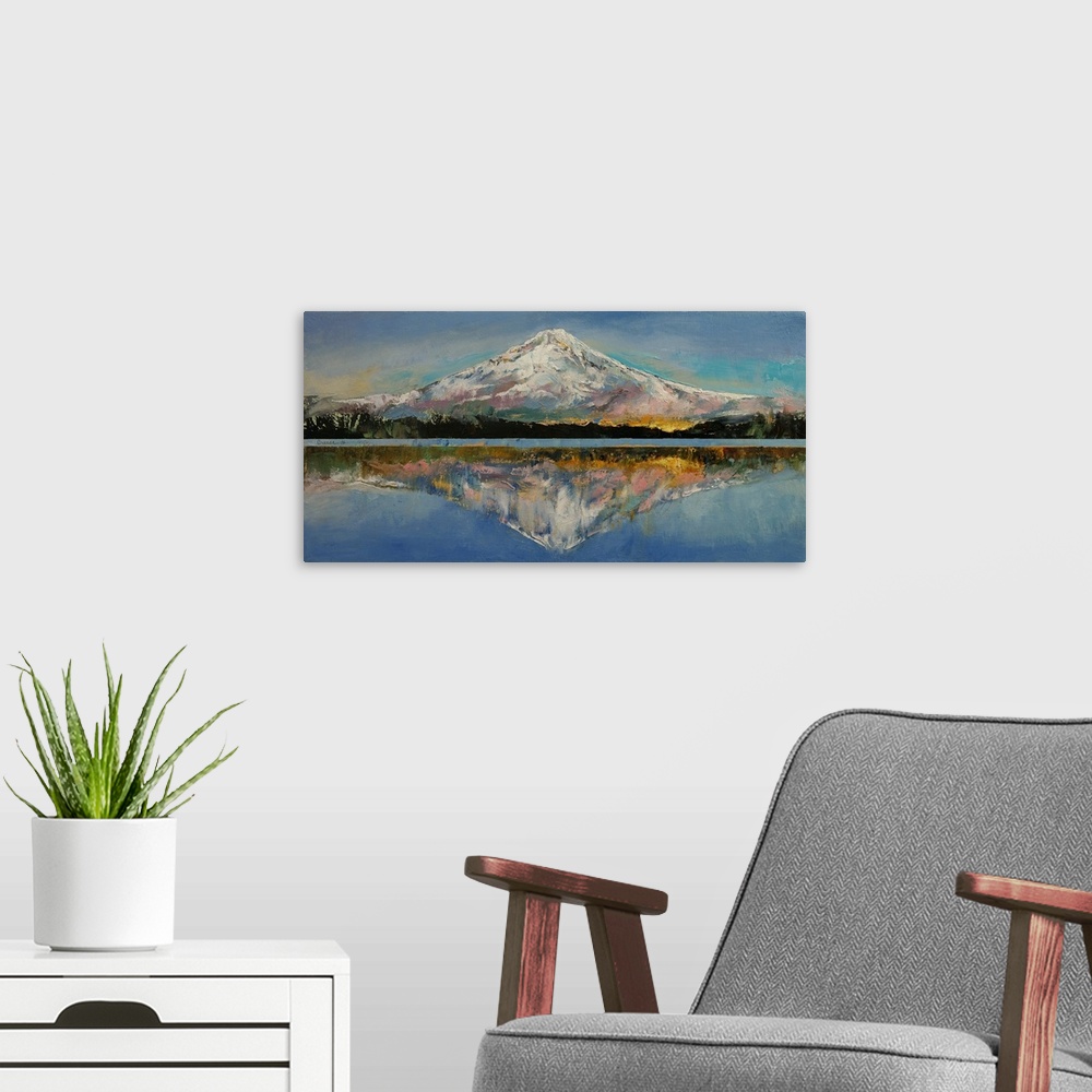 A modern room featuring A contemporary painting of Mount Hood reflecting in the lake below it.