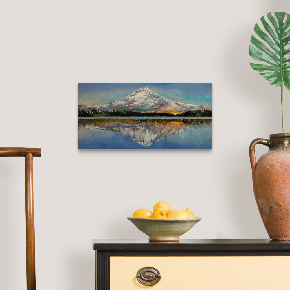 A traditional room featuring A contemporary painting of Mount Hood reflecting in the lake below it.