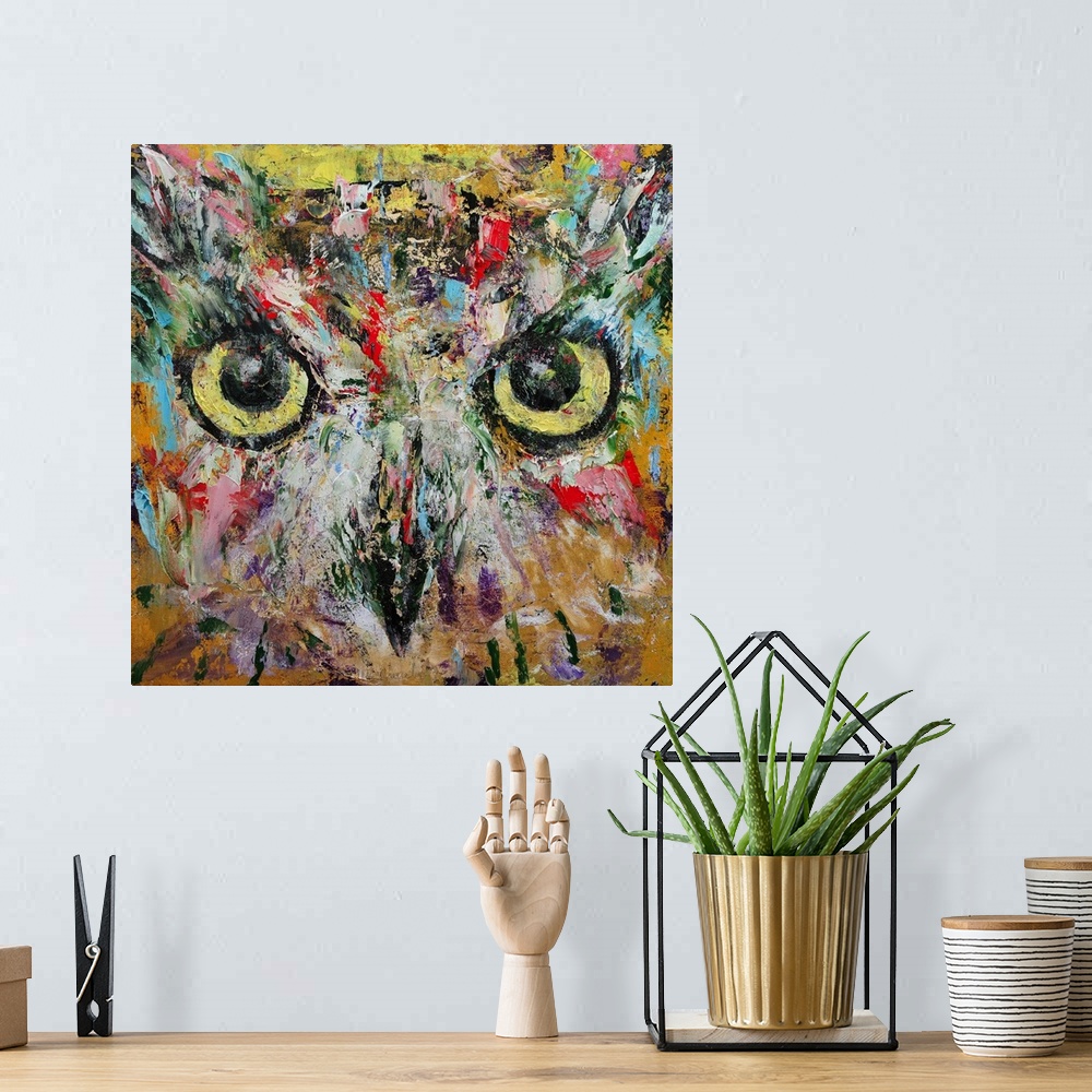 A bohemian room featuring A contemporary painting of a close-up portrait of an owl.