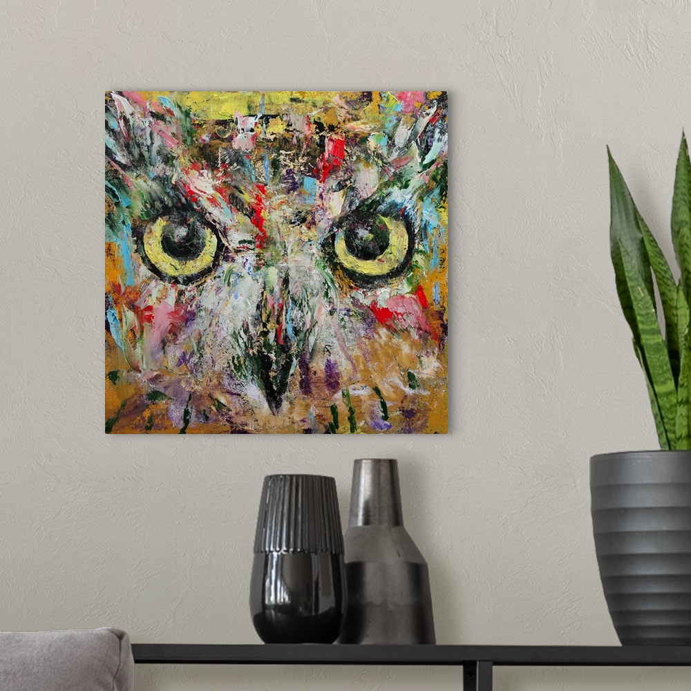 A modern room featuring A contemporary painting of a close-up portrait of an owl.