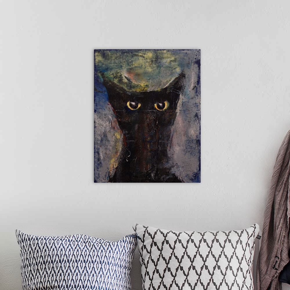 A bohemian room featuring A contemporary painting of a black cat portrait.