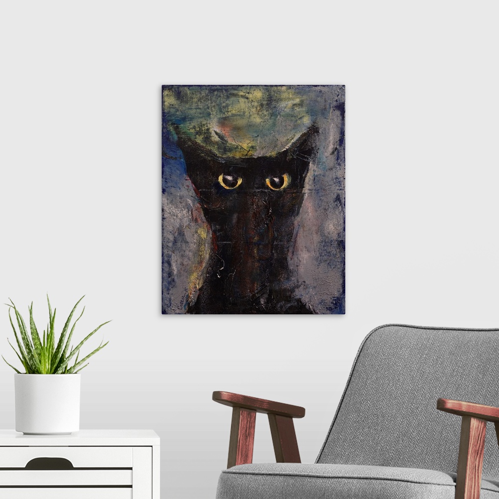A modern room featuring A contemporary painting of a black cat portrait.