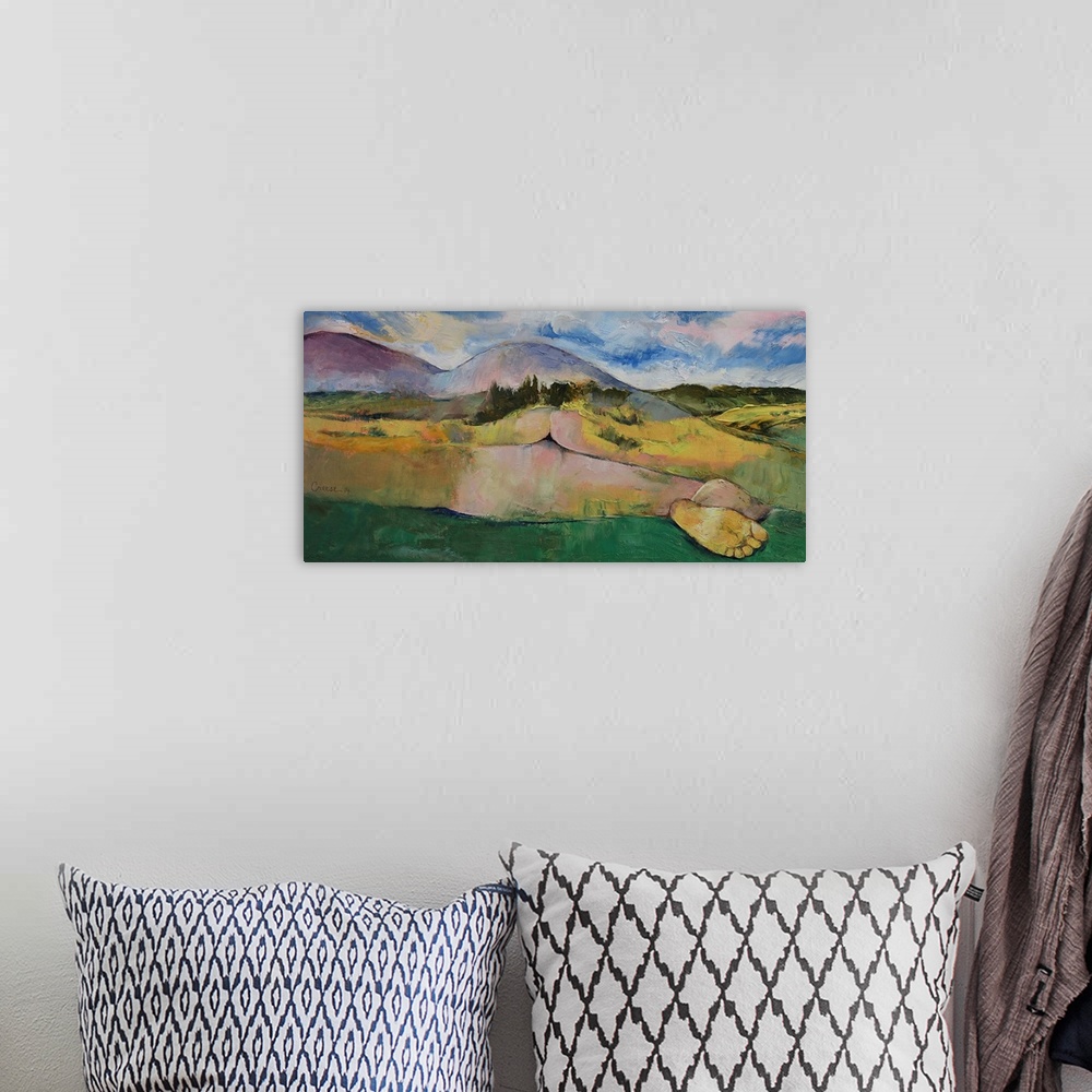 A bohemian room featuring A contemporary painting of a countryside landscape masking a nude female body.