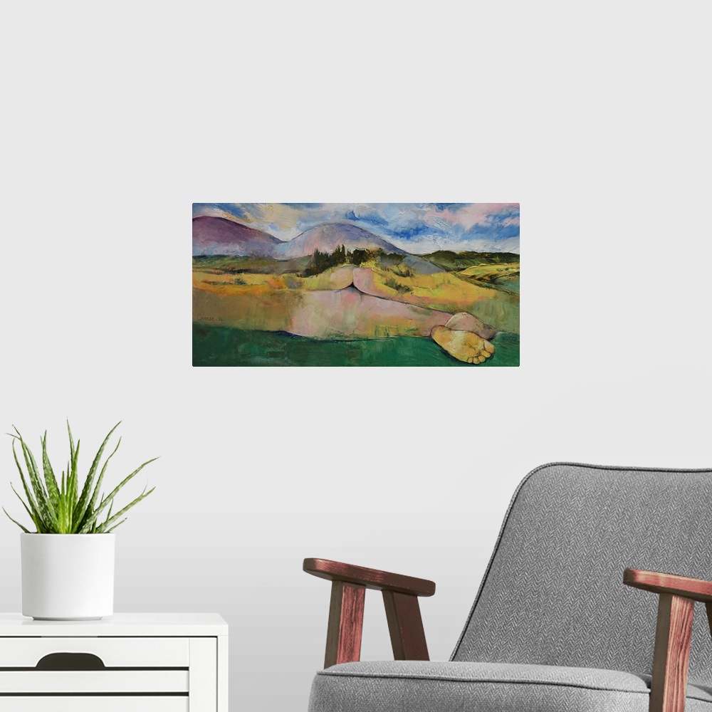 A modern room featuring A contemporary painting of a countryside landscape masking a nude female body.