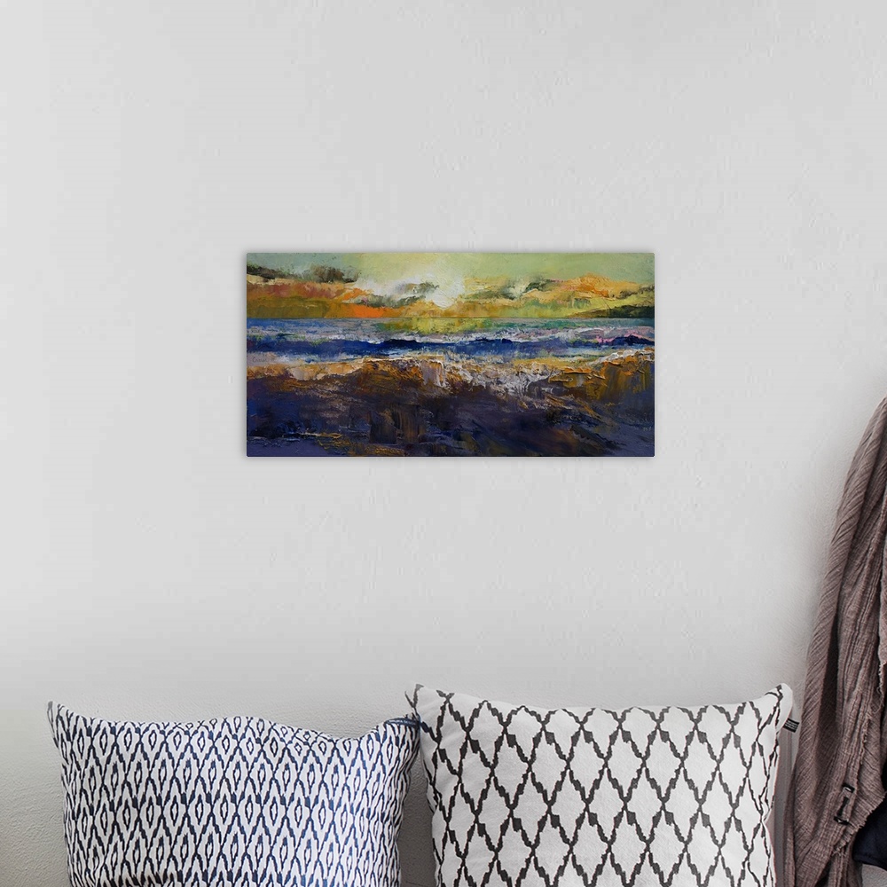 A bohemian room featuring A contemporary painting of a seascape.