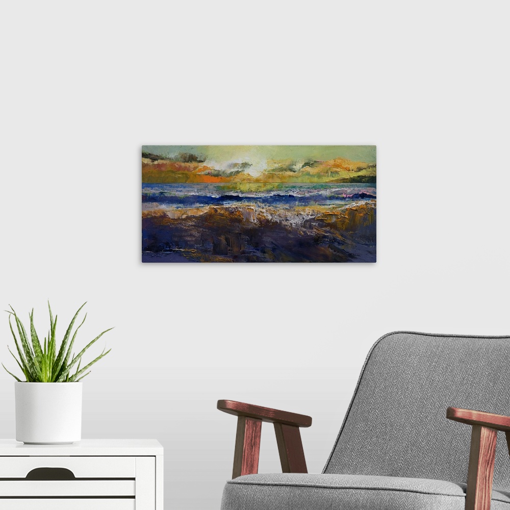 A modern room featuring A contemporary painting of a seascape.