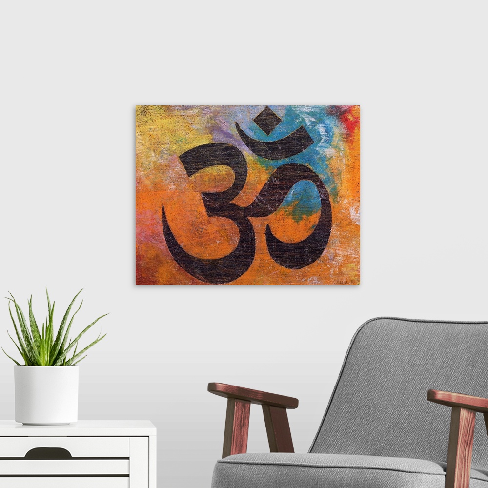 A modern room featuring A contemporary painting of an Om against a colorful background.