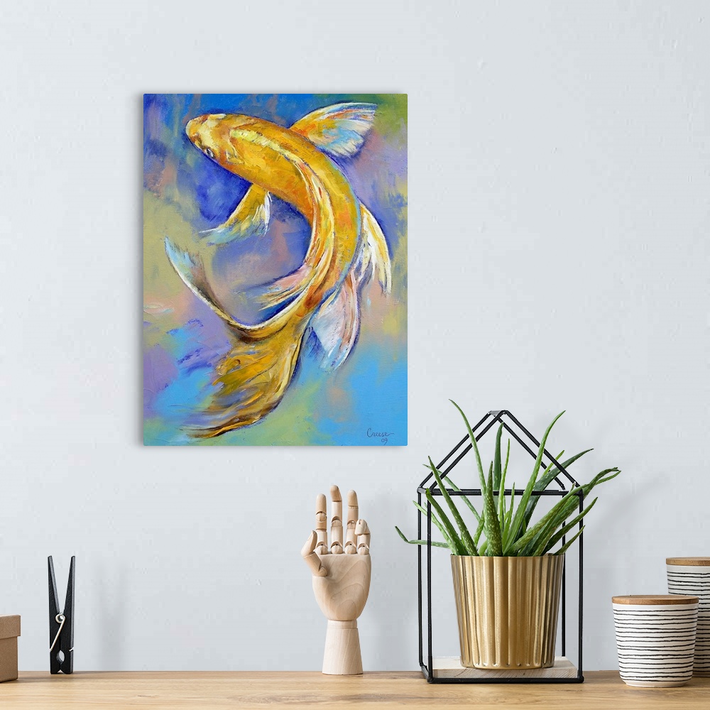 A bohemian room featuring Decorative artwork perfect for the home or office of a painted golden koi fish against a cool col...
