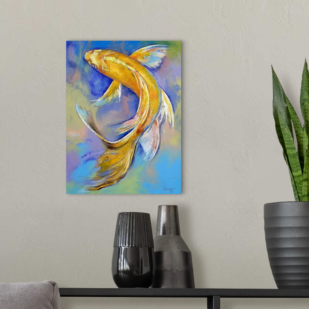 A modern room featuring Decorative artwork perfect for the home or office of a painted golden koi fish against a cool col...